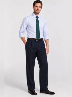 Hickey Freeman Navy Blue Pinstripe Pleated USA Dress Pants Trousers 34